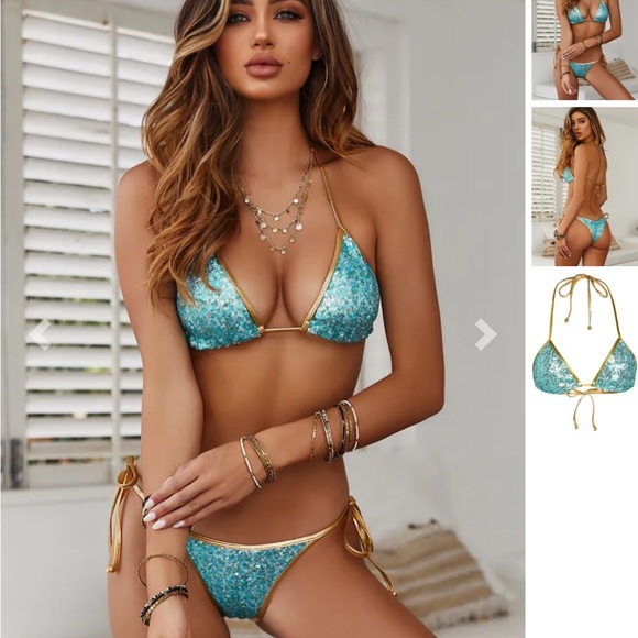 🩷 Doll Swimwear Turquoise Aqua Sequin Bikini with Gold Trim Micro Bottom - Picture 3 of 4
